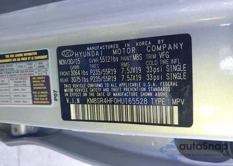 2017 Hyundai Santa Fe Limited Ultimate z USA, uszkodzony, nr VIN KM8SR4HF0HU165528